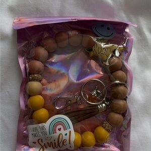 Yellow and Brown Beaded Keychain Bracelet